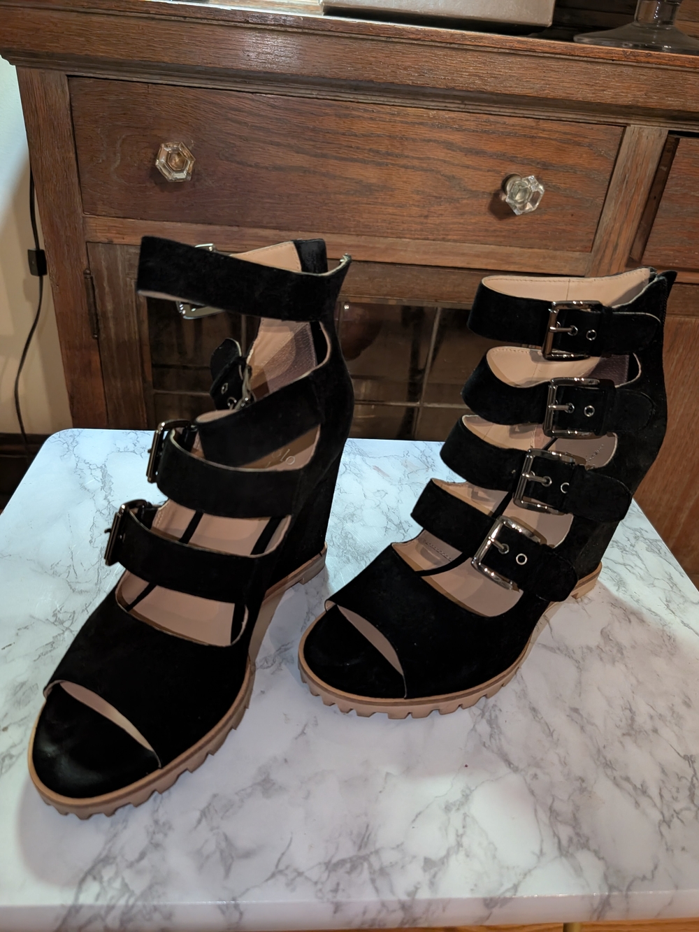 Paolo Black Suede Multi-Buckle Wedge Sandals